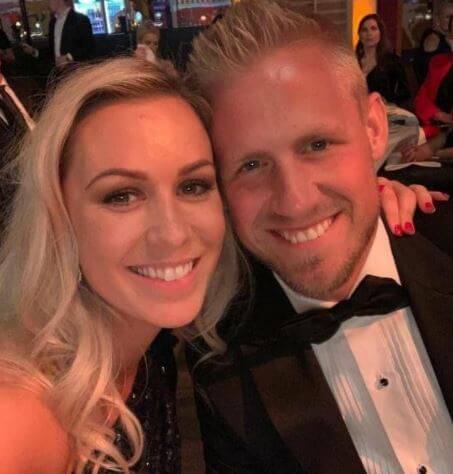 Bente Schmeichel son Kasper Schmeichel and daughter-in-law at party.